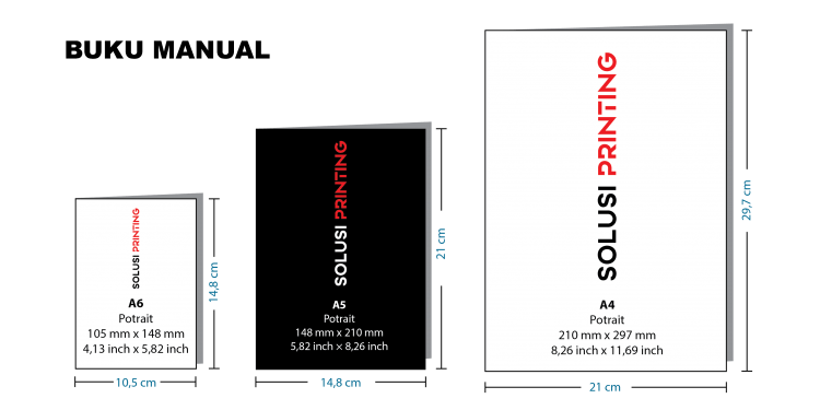 ilustrasi ukuran buku manual dengan logo solusiprinting.com
